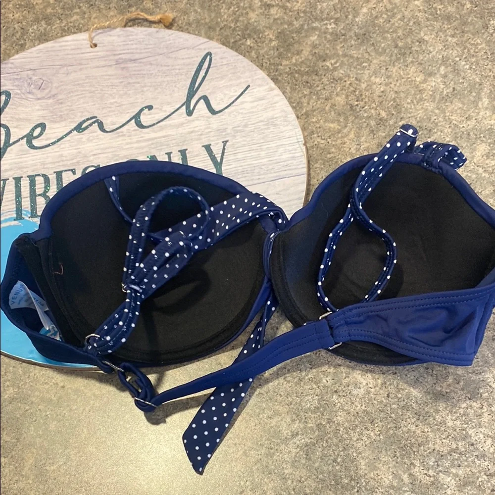VENUS Dark Blue Bikini Top with Polka Dot Tie and Adjustable Straps